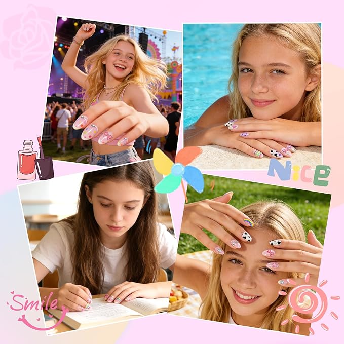 Ranrose 390pcs Extra Short Almond Nail Tips for Girls12-16 Years Old, 13 Sizes Pre-Shaped Soft Gel Press on Nails for Kids Natural Fit for DIY Nail Tips Art for School, Parties, Holidays,Dress Up