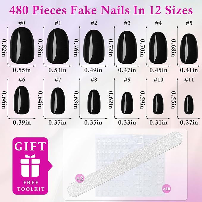 LoveOurHome Oval Press on Nails Short Fake Nails with Glue Tabs, 576pc Short Round Almond Fake Nail Press ons Nail Glue on Nails Kit Acrylic Nails Oval False Nails Artificial Fingernails for Women
