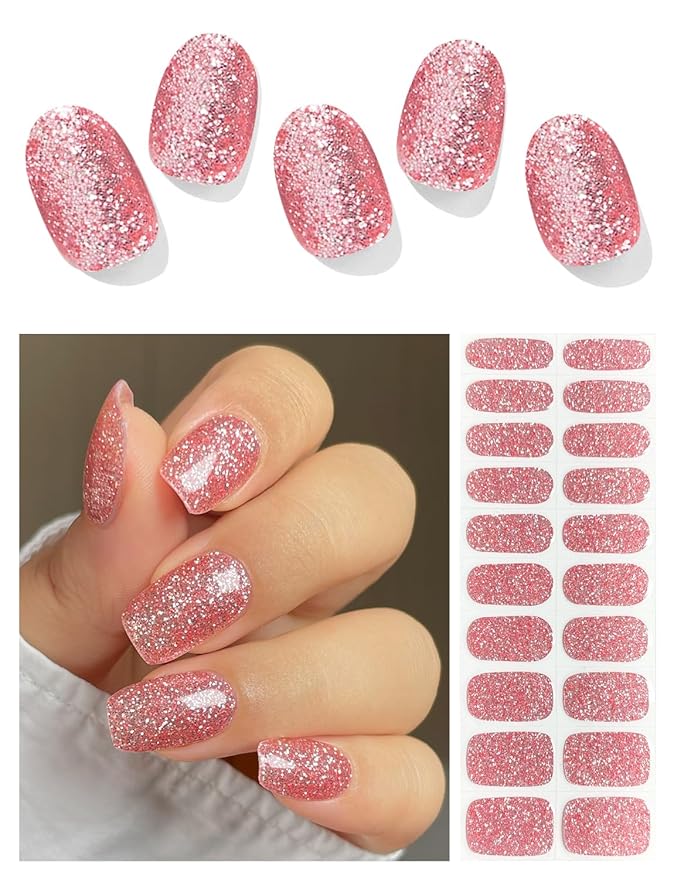 Semi Cured Gel Nail Strips (Pink Glitter), 20 Pcs Gel Nail Wraps, Stickers, UV Light Required, Salon Quality, Long Lasting