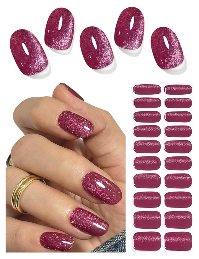 Semi Cured Gel Nail Strips, 20pcs Plum Cat Eye Gel Nail Stickers UV for Home Nails DIY