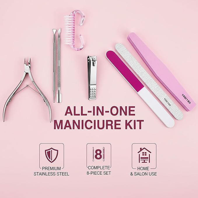 8PCS Stainless Steel Cuticle Nippers & Remover, Nail Clippers Set, Precision Sharp Blades Manicure Pedicure Tools for Home Salon Travel, Complete Nail Care Kit for Women, Pink
