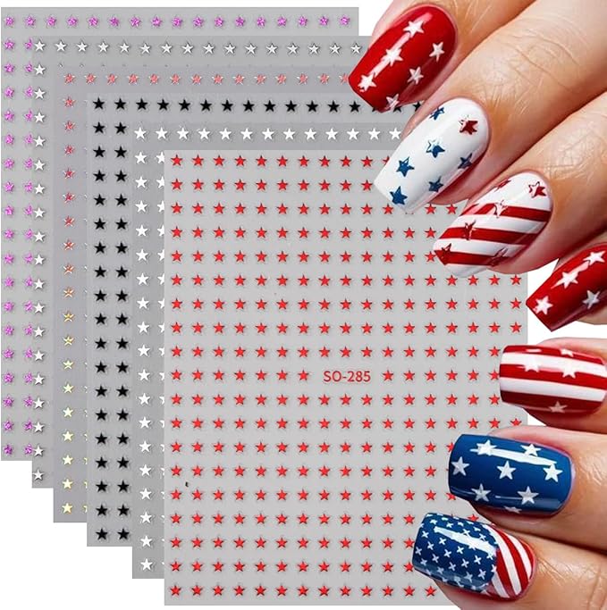 6 Sheets Mini Star Nail Art Stickers for Acrylic Nails 3D Self-Adhesive Sparkling Colorful Stars Nail Art Decals with Small Five-Pointed Star Design Nail Sticker for Women DIY Manicure Decor Supplies