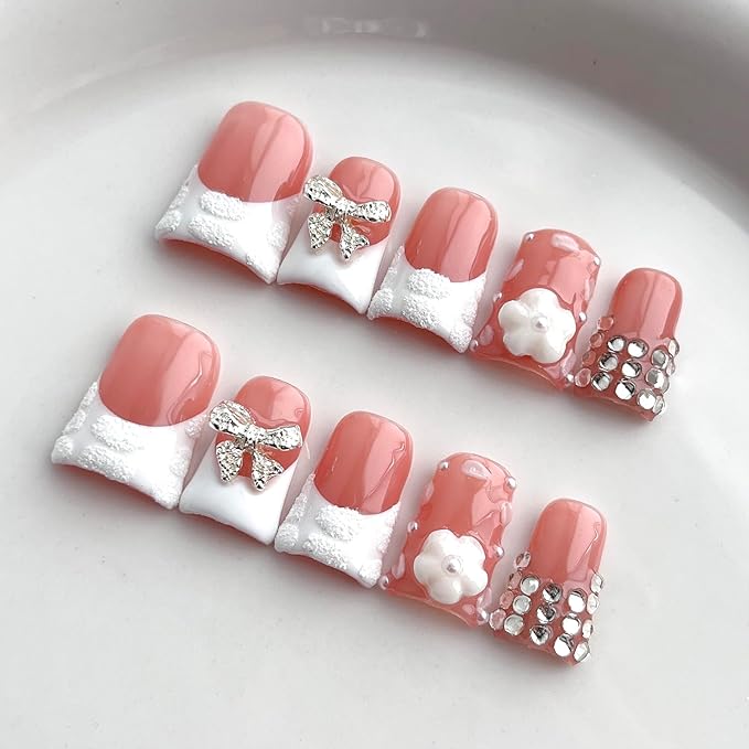 White French Tip Press on Nails Handmade Short Duck 3D Thick Acrylic Nails Elegant False Nails with Flower Bow Rhinestones Designs Wedding Glossy Fake Nail Sturdy Art Press on Nail 10Pcs(S)
