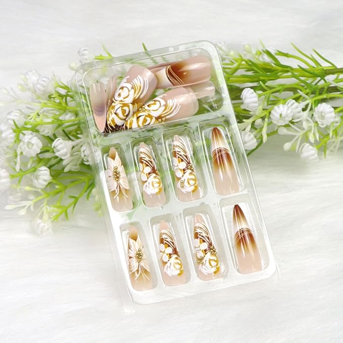 Long Press on Nails Stiletto Fake Nails Press ons with Butterfly Flower Line Swirl Designs Cute Almond Glue on Nails Acrylic Glossy Full Cover Stick on Nails for Women 24 Pcs