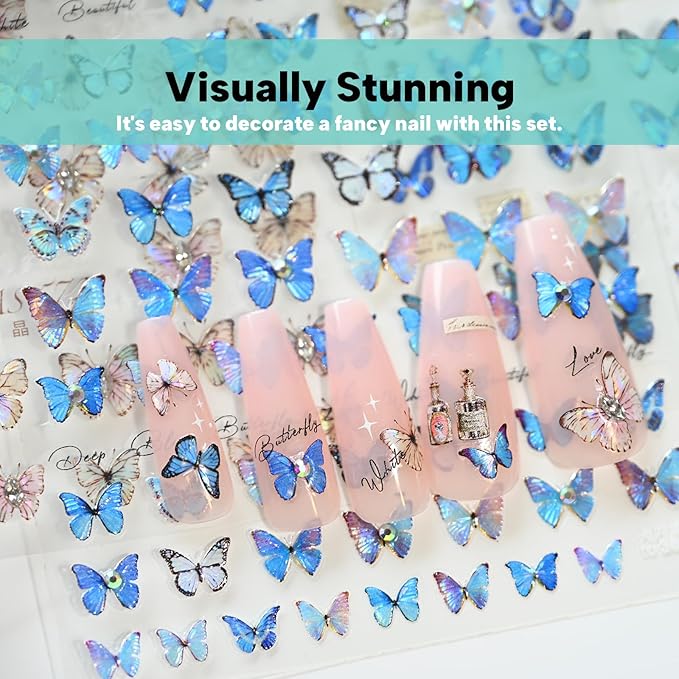 Blue Butterfly Nail Art Stickers Rhinestones Nail Decals for Nail Art Design Self-Adhesive Nail Accessories for Women Nail Art Supplies 3 Sheets