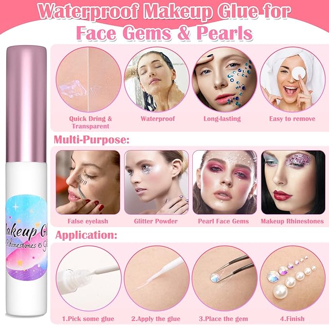 Billbotk 6645Pcs Face Rhinestones with Makeup Glue, Flatback Eye Gems Colorful Makeup Jewels with White Pearls for Face Eye Body, Nail Art, Hair, Craft Decoration
