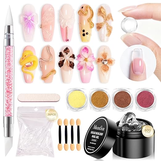 MelodySusie Solid Builder Nail Gel Kit 3D Nail Gels Sculpting Gel for Art Non-Sticky Hand Carving Glue Extension with Sequins Chrome Powder DIY Salon Home 60g