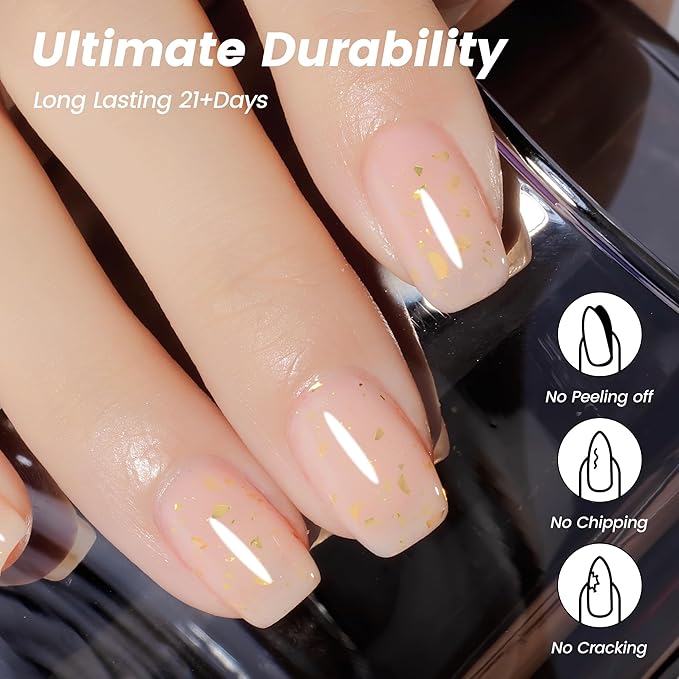 YTD Likomey Nude Gel Nail Polish,15ml Nude Pink Gold Foil Translucent Neutral Jelly Sheer Gold Flakes Pastel Pink Glitter Salon Home DIY Nails Art UV Nail Gel Varnish,LS09