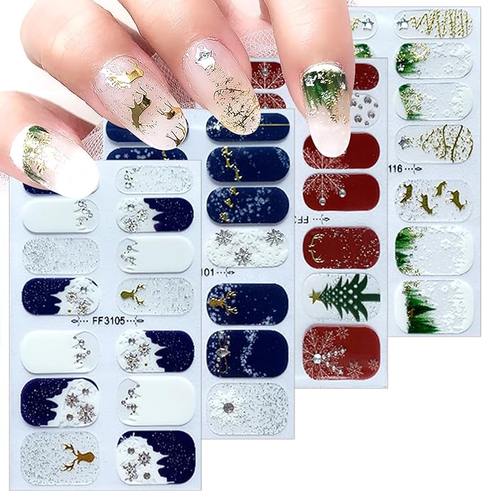 4 Sheets Christmas Nail Wraps Stickers 5D Charms White Snowflake Gel Nail Stickers Strips Self-Adhesive Winter Holiday Full Wraps with Xmas Trees Elk Reindeer Nail Polish for Women Acrylic Nails DIY
