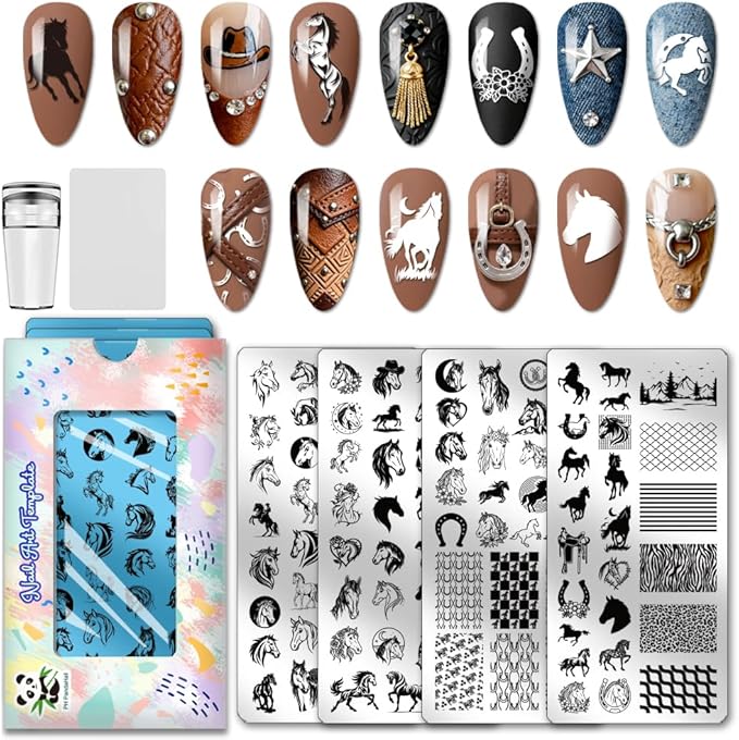 PH PandaHall 4pcs Horse Nail Stamping Plate Running Horse Nail Art Template Animals Nails Arts Stencils Horseshoes Manicure Design Stamper Nails Image Plates for Women DIY Manicure Salon Printing