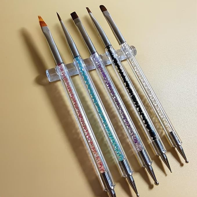 5pcs Nail Art Brushes, Double-Ended Acrylic Nail Brush Set with 5/7/10/12/15mm Nail Liner Brushes and Dotting Pens for French Nails Women Girls DIY Manicure