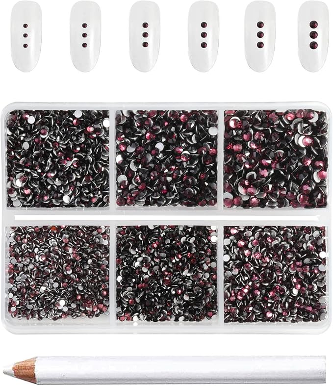 Beadsland 7200pcs Flatback Rhinestones,Burgundy Rhinestone Nail Gems Round Crystal Rhinestones for Crafts,Mixed 6 Sizes with Wax Pencil Kit, SS3-SS10,Amethyst