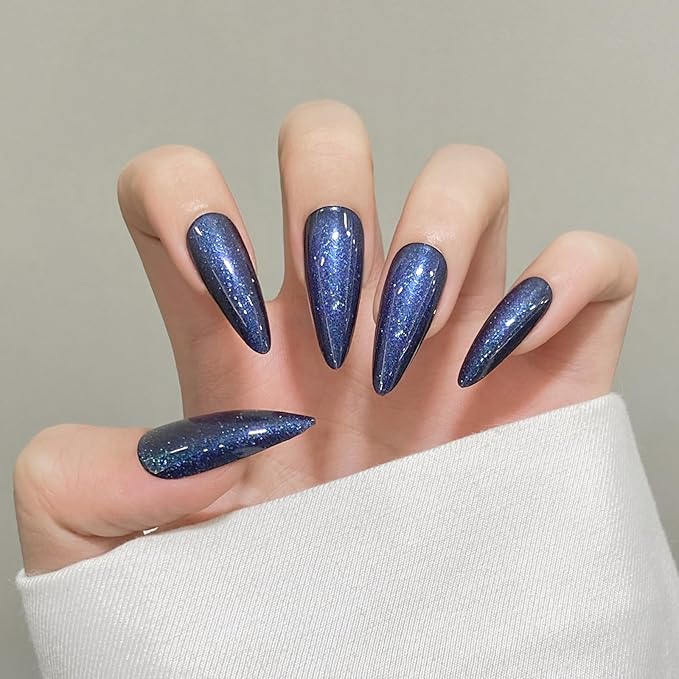 Sea Blue Almond Cat Eyes Press On Nails,12 Sizes - 24 Pcs Soft Gel Blue Medium Fake Nails Kit with Nail Glue, Natural Reusable Stick On False Nails for Women and Girls SK1007