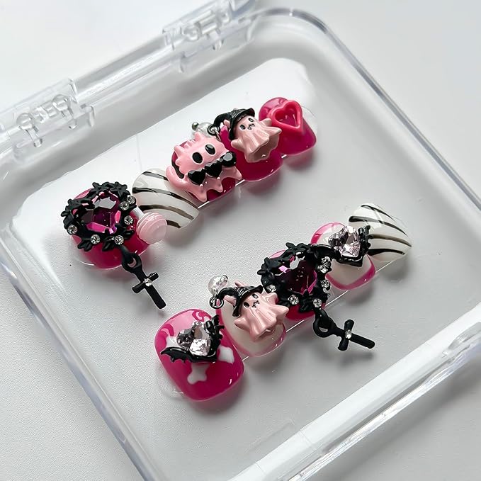 Halloween Press on Nails Short Square Cute Handmade Nails 3D Unique Reusable ABS Material Fake Nails Pink False Nails with Designs Cute Ghost Heart Charms Glossy Glue on Nail Thick Acrylic Nail(S)