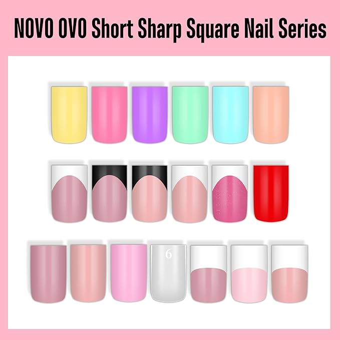 NOVO OVO Pastel Nail Tips Press on Macaron Color Colorful 6 Mix Dopamine Shades, Short Sharp Square Soft Gel Matte Thick False Nail Extension, Full Cover Acrylic for Salon DIY x 15 Sizes 180 pcs