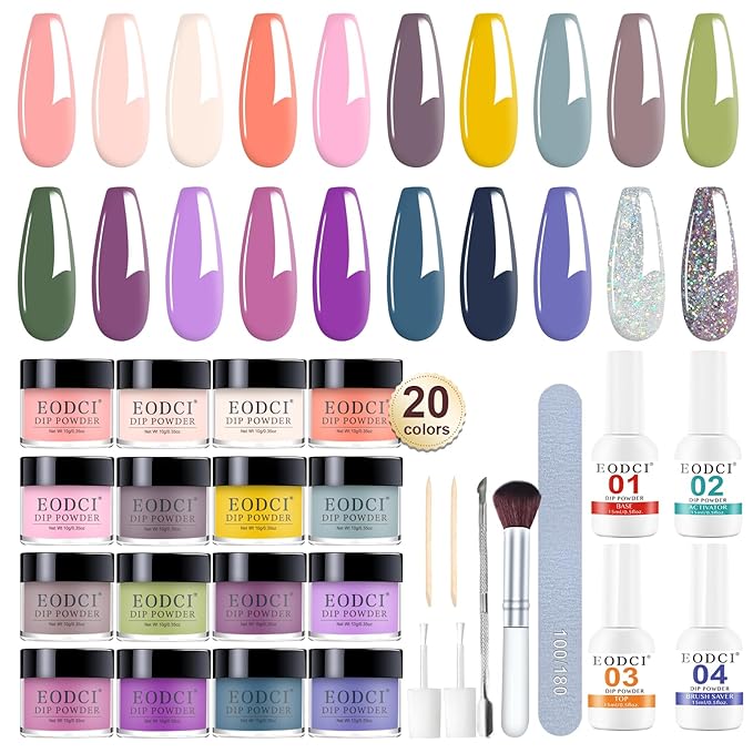 31 Pcs Dip Powder Nail Kit, 20 Colors Glitter Nude Pink Green Gray Dip Powder Liquid Set with Top/Base Coat Activator for French Nails Art Manicure DIY Salon, No Needed Nail Lamp Curing