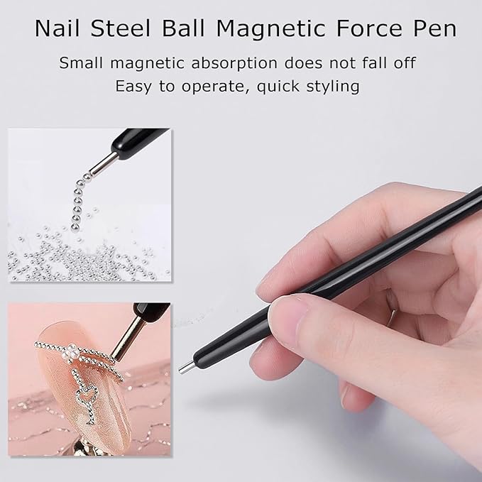 Nail Charms Jewels Manicure Kit with Magnetic Pen Pickup Pencil and Tweezers, Gold Silver Mini Metal Caviar Nails Beads and Flatback Half Round Beads Nail Gems for Nail Art Decor