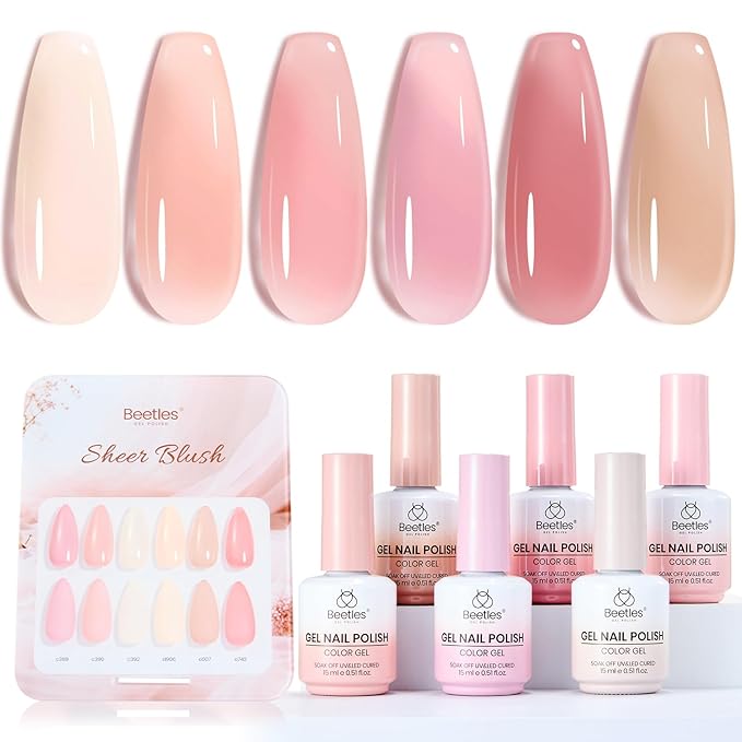 Beetles Sheer Blush Nude Gel Nail Polish Set - 6 Colors 15ML Nude Pink Brown Neutral Jelly Gel Polish Kit Sheer Translucent Effect Soak Off UV Nail Art Design Manicure Gift for Women