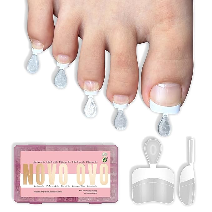 NOVO OVO Round Half Cover Toe Nail Tips White French, Soft Gel False Toenails for Pedicure Extension, Clear Artificial Fake Nails with Auxiliary Line, Pre-designed Acrylic DIY Kit 15 Sizes 240Pcs