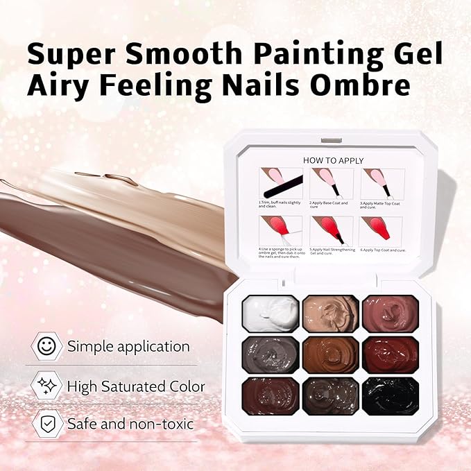 Patting Gel Nail Polish Set, 9 Colors Ombre Gel Polish Palette, 100pcs Sponges 6pcs Brushes 1 Grabber, Colors Blending Painting Nails Art, No Wipe, UV/LED Cured (Set 06)