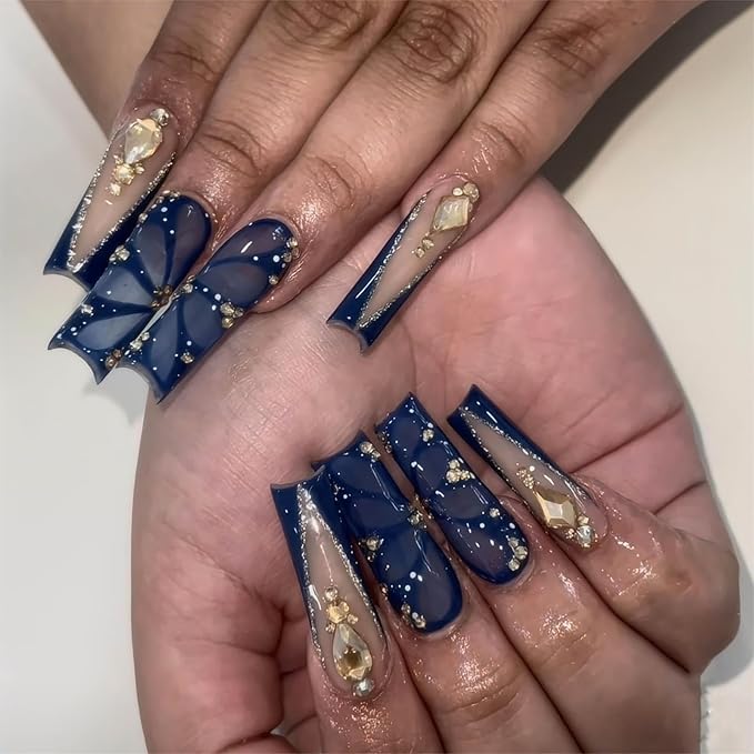 Long Press on Nails Square Dark Blue Press on Nails Long Nails Press Ons with Butterfly and Rhinestone Design Acrylic False Nails for Women and Girls 24pcs (Dark Blue)