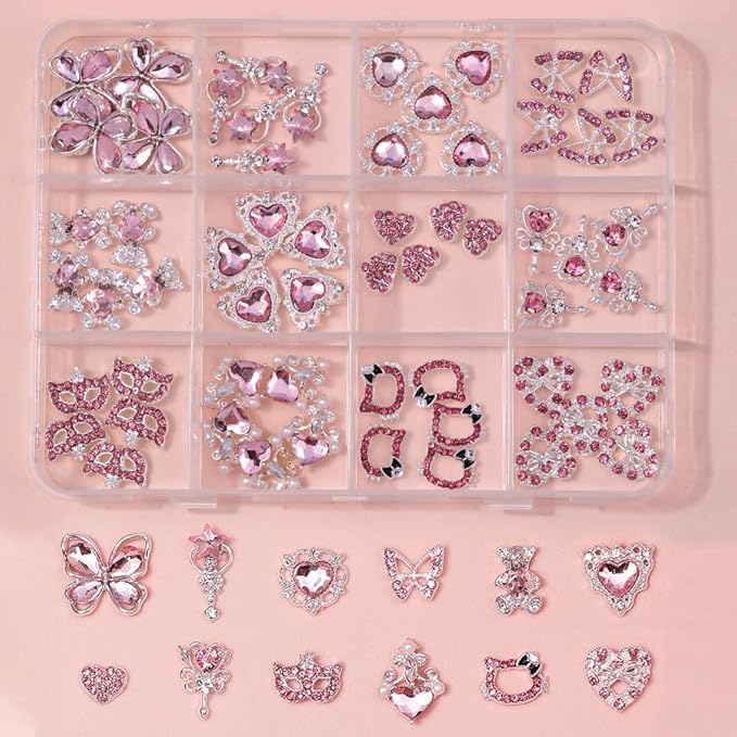 60 Pcs Heart Nail Charms, Rhinestone Pink Butterflies Nail Art Gems, Star Heart Butterfly Charms Decorations Sailor Moon Acrylic Nail Accessories for Women DIY Crafts 1