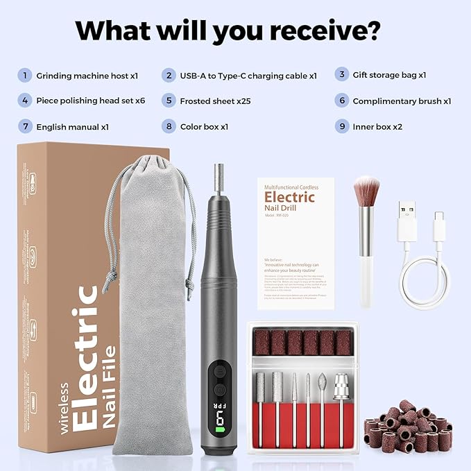 Electric Nail Drill Kit, Electric Nail File Cordless Nail Drill Machine for Acrylic Gel Dip Powder Nails, Professional Portable Manicure Pedicure Rechargeable Lightweight for Home Salon Use