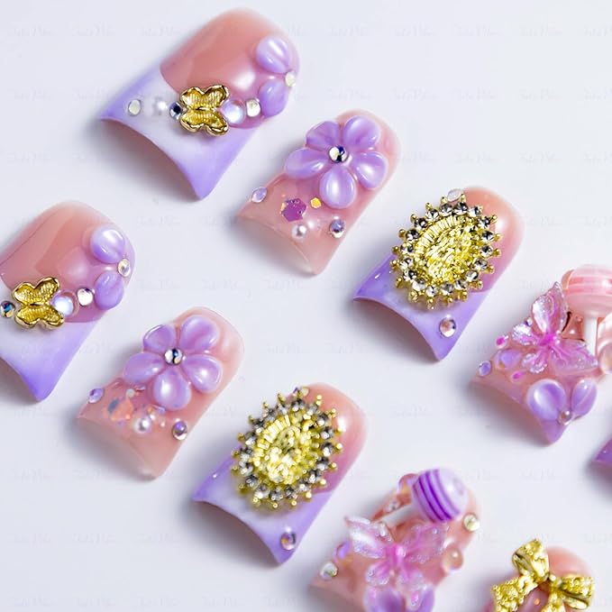 10 Pieces Luxury Acrylic Press On Nails Short Handmade Duck Nails, Pink And Purple Thickened False French Nails, Golden Bowknots, 3D Flowers And Lollipops, Reusable Acrylic Nails (M)