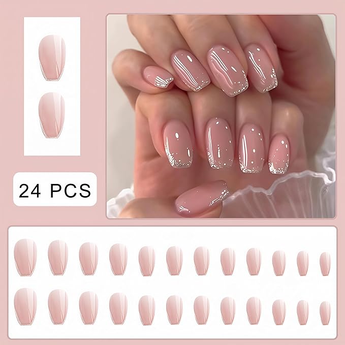 Nude Press on Nails Short Oval fake Nails Silver Glitter French false Nails Full Cover Nude Glitter French Glossy Reusable Artificial Acrylic Nails for Women and Girls DIY Manicure Decoration 24Pcs