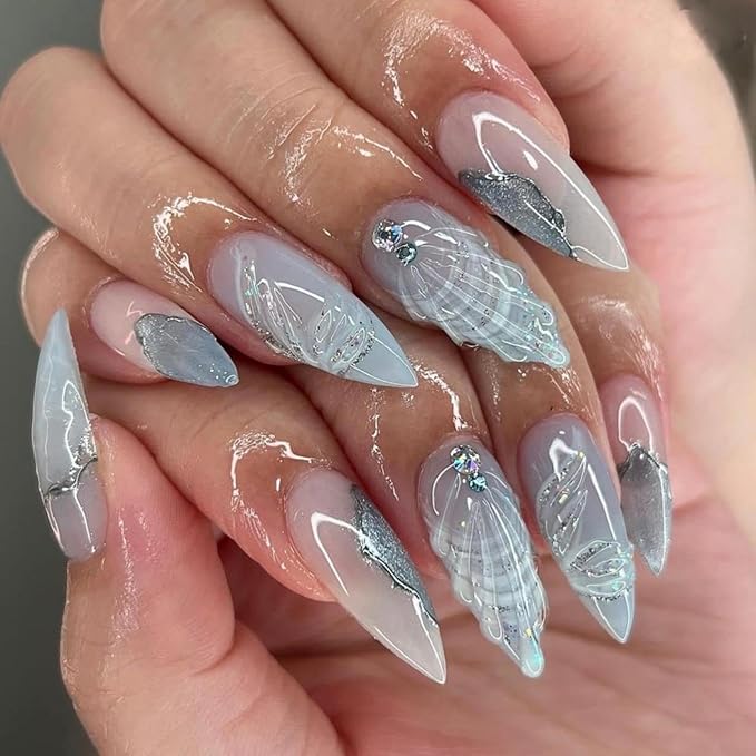 Handmade Press on Nails Medium Almond Fake Nails with Seashell Design Marble Glue on Nails Ocean Rhinestones False Nails Glossy Reusable Summer Stick on Nails for Women Girls Manicure 24pcs