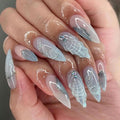 Handmade Press on Nails Medium Almond Fake Nails with Seashell Design Marble Glue on Nails Ocean Rhinestones False Nails Glossy Reusable Summer Stick on Nails for Women Girls Manicure 24pcs