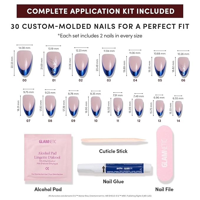 Harry Potter™ x Glamnetic Press On Nails - Ravenclaw™ | Blue French Tip Eagle Graphic Short Almond Nails in a Chrome & Glossy Finish | 15 Sizes - 30 Nail Kit with Glue