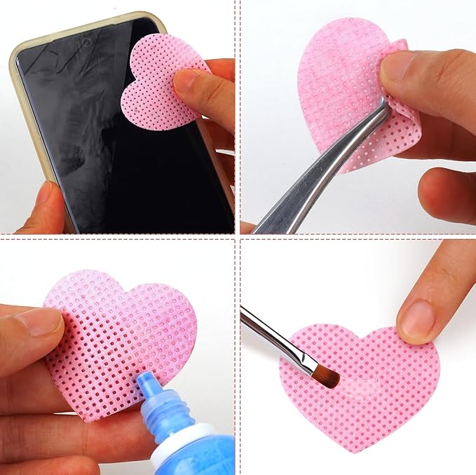600 PCS Lint Free Nail Wipes,Non-Woven Fabric Nail Cleaning Pads Lash Extensions Glue Cleaning Wipes,accompanied by 1 Empty Pump-Style Bottle Dispenser Nail Care Set (Heart-shaped pink)
