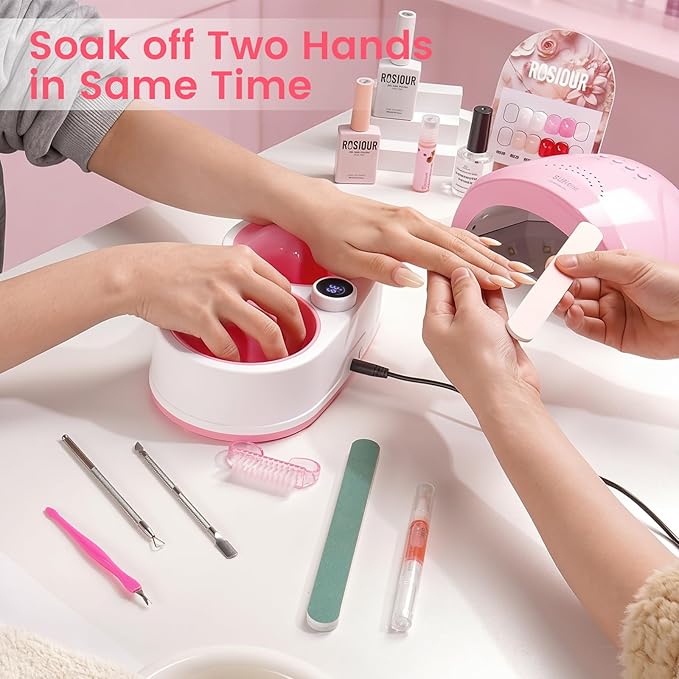 Dual Nail Soaking Bowl Electric: 31-50°C Temp Control Nail Soak off Bowl for Gel Polish Dip Acrylic Nails Remove- Heated Manicure Nail Remover Bowl Acetone Proof for Beginner Salon Home