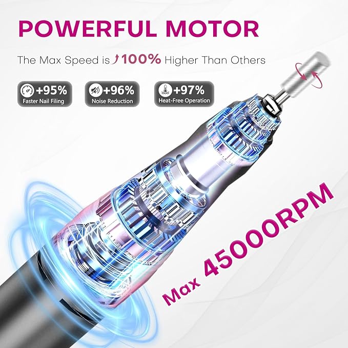 Nail Drill Electric Nail File Kit 45000 RPM Professional Efile Nail Set,Cordless Portable Rechargeable Acrylic Gel Nail Polish Remover Machine Pedicure Manicure Tool for Salon Home Gray