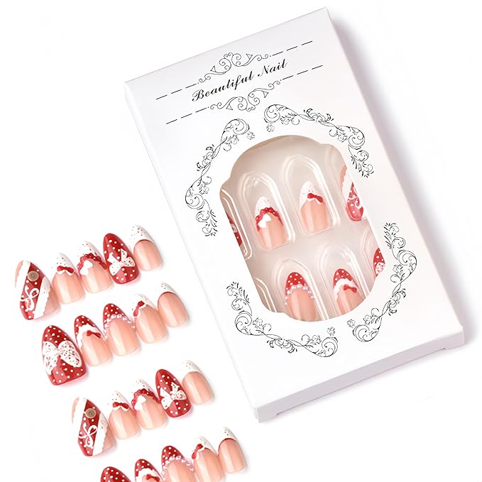 30Pcs Valentines Day Press on Nails Medium Almond Fake Nails with Pearl Lace Bow Design Glossy Polka Dots Red French Tips Glue on Nails Lace Butterfly Full Cover Stick on Nails Acrylic Nails for Women