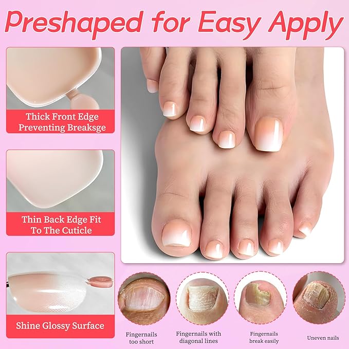 120PC Ombre Press on Toenails for Women Fake Toe nail Press ons Acrylic Toe Press on Nails Set, Ombre Press on Toe Nails Press on Fake Toenails Press ons Acrylic Toe Nail Tips Kit&Glue Tab-F