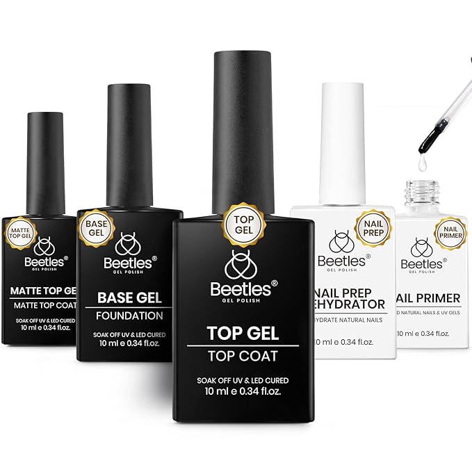 Beetles Base and Top Coat Set with Nail Dehydrator and Primer, 5 Pcs 10ml Glossy Matte Top Coat Gel Nail Prep Acid-Free and Hema-Free Dehydrate Bond Primer Kit