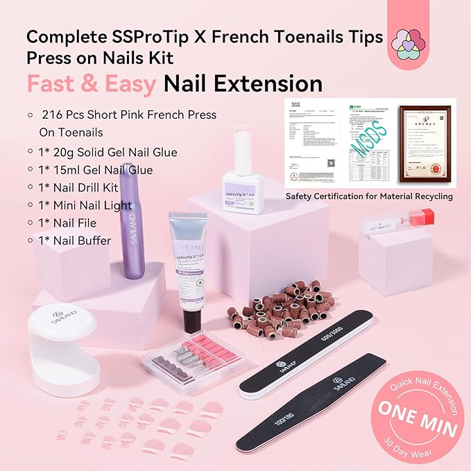 SAVILAND Gel Nail Kit for Toe: 18 Sizes All-In-1 Gel Nail X Kit with U V Light 216 Pcs Pink Toe Nail Press On with Solid Nail Glue VE & Castor Oil LED Nail Lamp Nail Drill Professional DIY Manicure