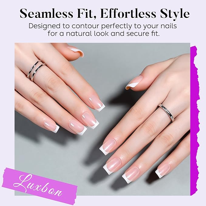 Luxbon Square Press On Nails with No-Cure Nail Glue and Tool Kit – French Manicure Glue On Nails 30-32pcs Full Size Set, Reusable Fake Nails for Women, Salon Look at Home, Optical Plating, White