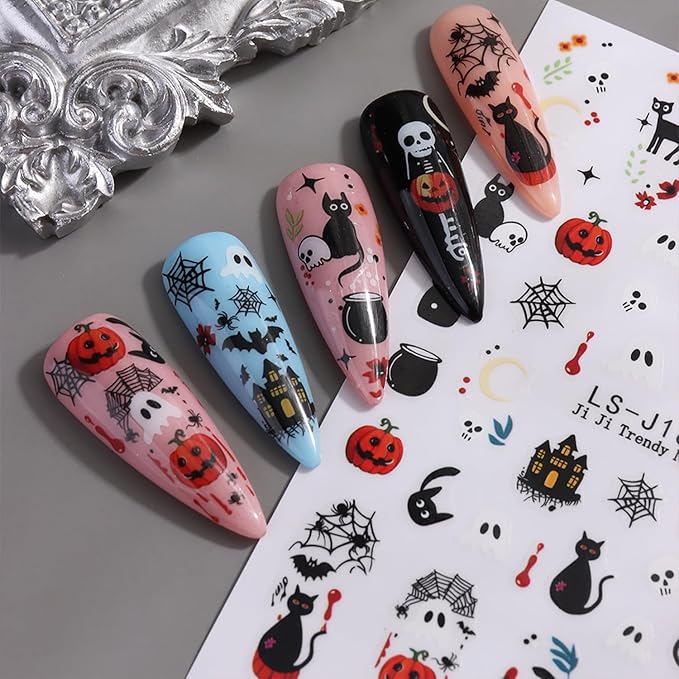 Halloween Nail Stickers for Nail Art Cute Ghost Black Cat Pumpkin Blood E3D Self-Adhesive Nail Decals Nail Art Supplies Nails Design Manicure Stickers for Nails Decoration 6Sheets