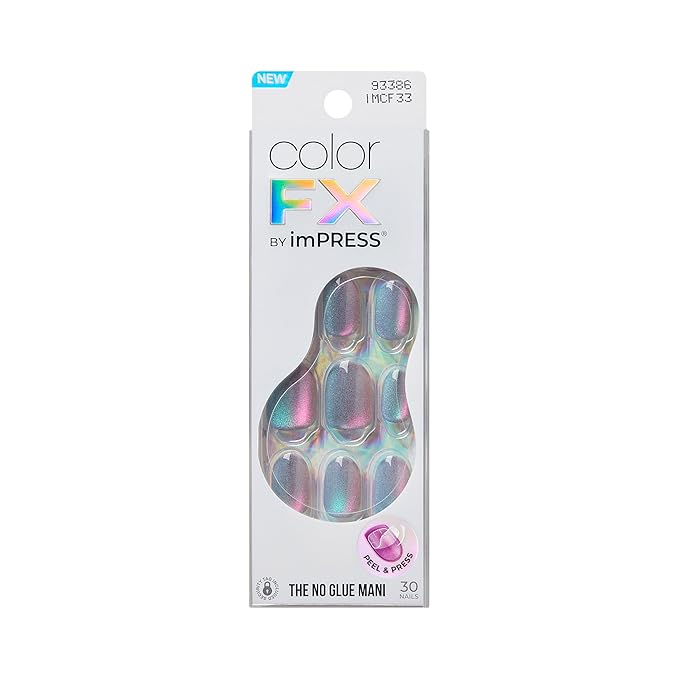 KISS imPRESS No Glue Mani Press On Nails, ColorFX, 'Fly Up', Silver, Short Size, Oval Shape, Includes 30 Nails, Prep Pad, Instructions Sheet, 1 Manicure Stick, 1 Mini File