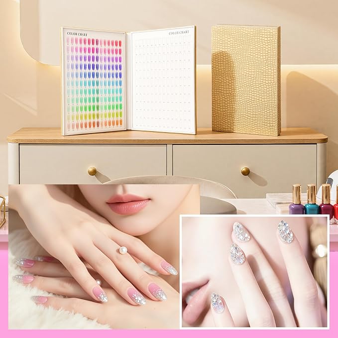 Segbeauty 308 Color Nail Color Sample Swatches Book, Nail Polish Display Swatches Book Gold, Gel Press On Nails Organizer Case with 240 False Fingernail Polish Holder Art Salon Storage Boxes Cases