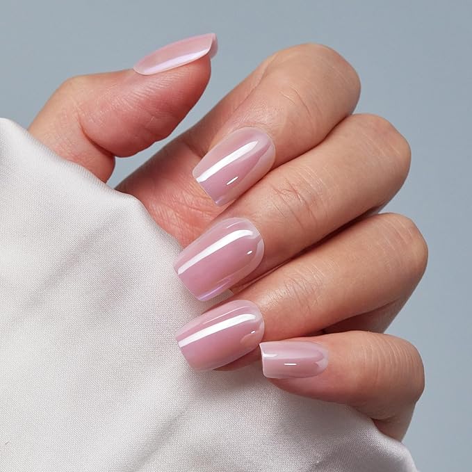 Press On Nails Short - Findigit Pink Glossy Press On Nail Ons Square, Chrome Glazed Glue On False Nails, Stick On Nails in 16 Sizes - 32 Soft Gel Fake Nail Kit, Pink Glazed