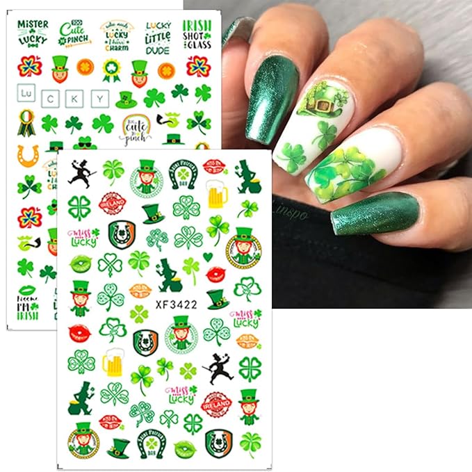 10 Sheets St. Patrick's Day Nail Stickers Self-Adhesive Lucky Shamrock Nail Art Stickers Green Four Leaf Clover Nail Decals Spring Summer Design Nail Supplies for DIY Saint Patrick's Day Nail Decor