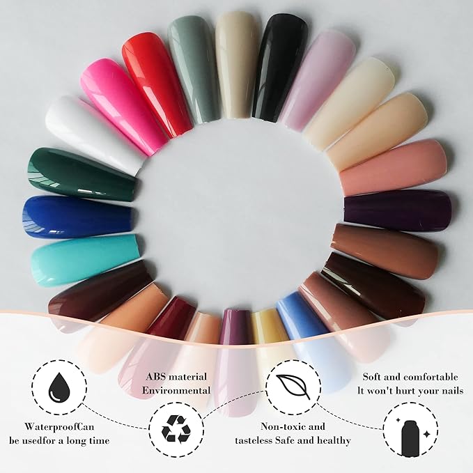 AddFavor Long Coffin Press on Nails Full Cover Ballerina Fake Nails Glossy Acrylic Artificial False Nail Tips for Women and Girls, 576pcs, 24 Pure Colors