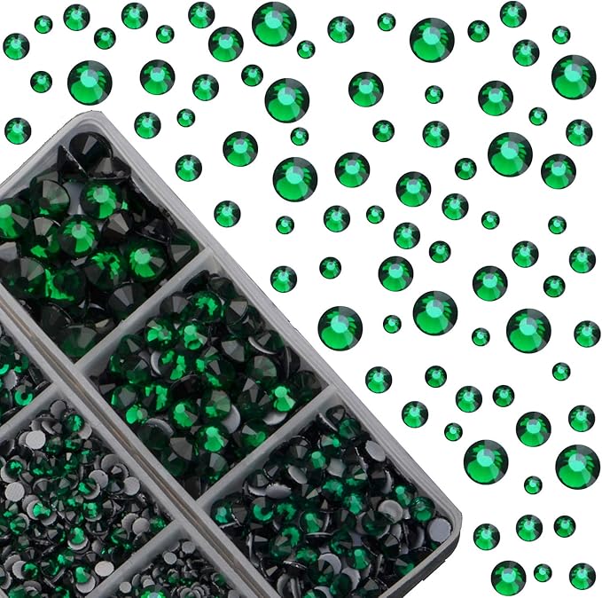 4000pcs Mixed Size Hot Fix Round Crystals Gems Glass Stones Hotfix Flat Back Rhinestones (Emerald)