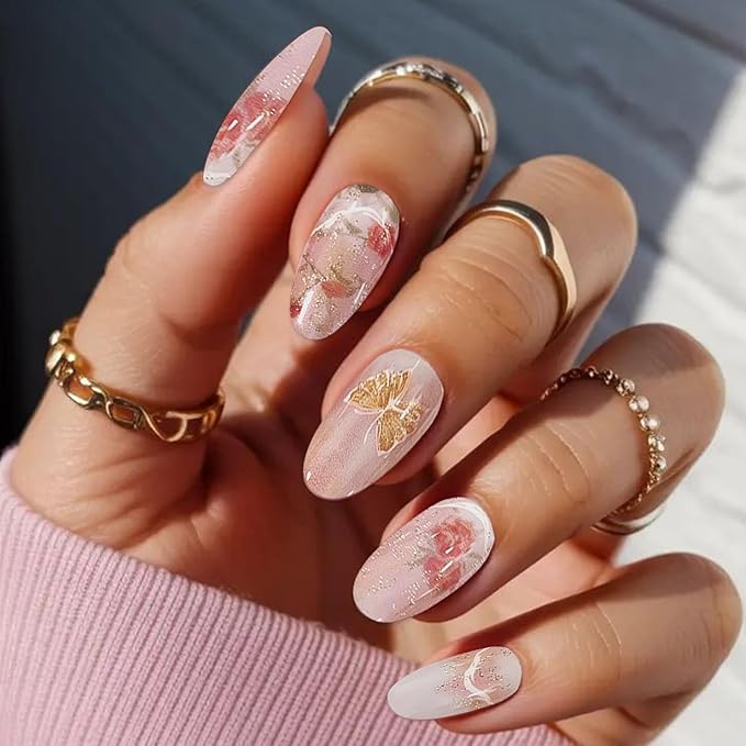 20Pcs Pink Semi Cured Gel Nail Strips Rose Flower Summer Gel Nail Stickers with Butterfly Design Self Adhesive Glitter Nails Wraps UV/LED Light Needed Glossy Nails Polish Strips for Women