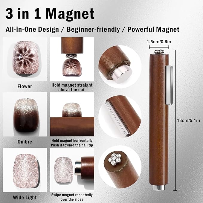 Allstarry 57pcs Cat Eye Magnet for Nails, 3 in 1 Magnet Pen for Nails Rectangular Cat Eye Magnet Tools Ball Magnets for Nails Square Cube Nail Magnet Cat Eye Gel Nail Polish Nail Art