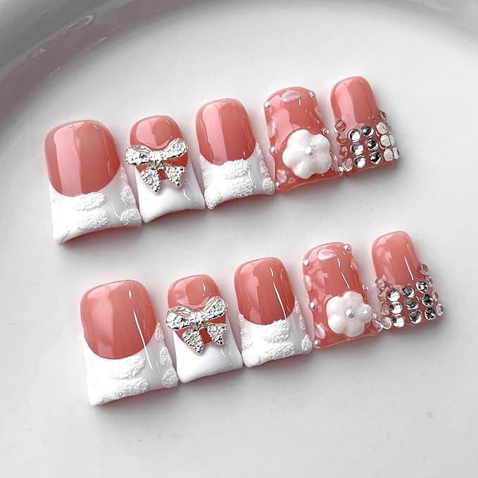 White French Tip Press on Nails Handmade Short Duck 3D Thick Acrylic Nails Elegant False Nails with Flower Bow Rhinestones Designs Wedding Glossy Fake Nail Sturdy Art Press on Nail 10Pcs(S)